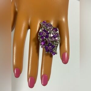 Stunning Vintage Violet Blossom Cocktail Ring | Adjustable Silver-Tone